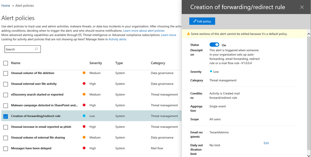 Configuring alerting when users make forwarding/redirect inbox rules.